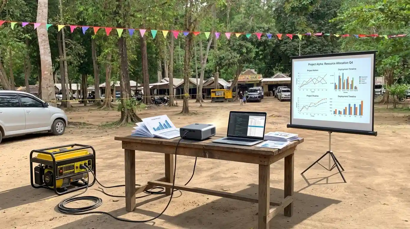 Ilustrasi perlengkapan teknis meeting outdoor pantai