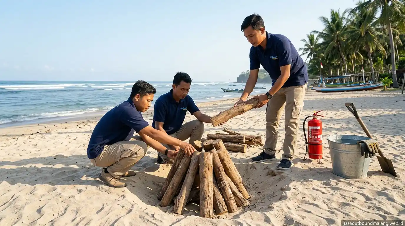 Persiapan fasilitas bonfire oleh vendor outbound pantai