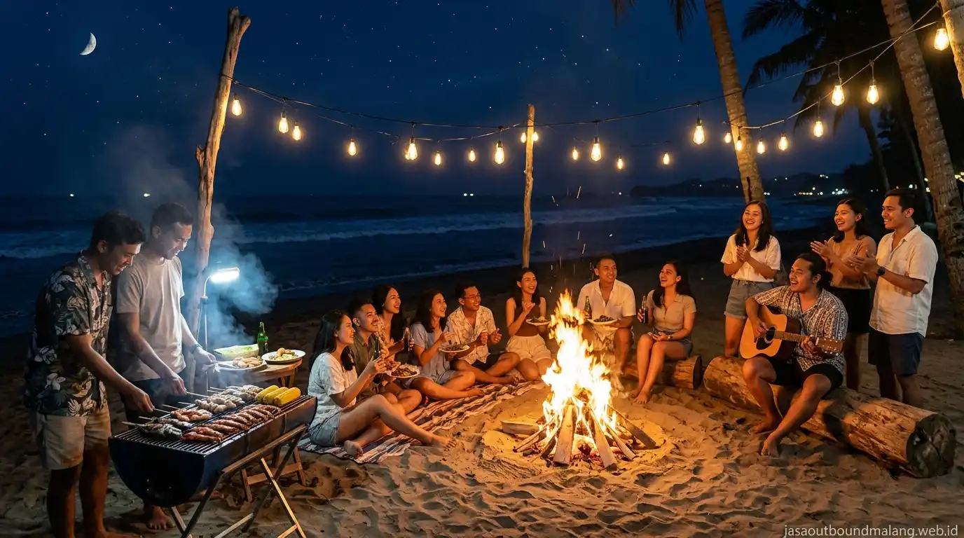 Sesi malam keakraban pesta BBQ dan api unggun bonfire peserta outbound pantai